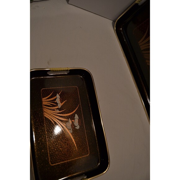 Vintage Trays Black Lacquerware Floral with Starburst 1970s - Picture 7 of 7